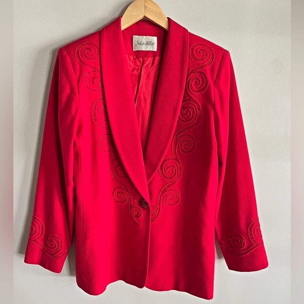 Vintage Nolan Miller 100% Wool Red Beaded Embroidered Blazer Jacket S